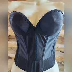 50s BUSTIER Black Strapless Busty Plunge Lace Boned Union Tag Intimate Corset EV